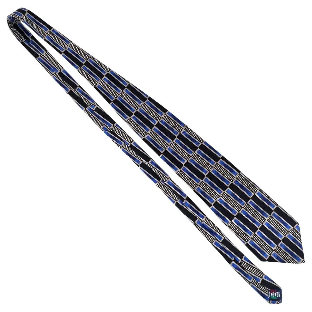 Louis Roth Mens Silk Tie Blue & Black Geometric Art Deco Pattern Hans Sewn Italy